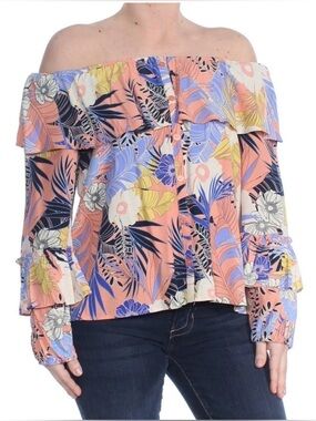 SANCTUARY Women’s Top Ruffled Floral Tropical Palm Peach XL NWT Off Shoulders